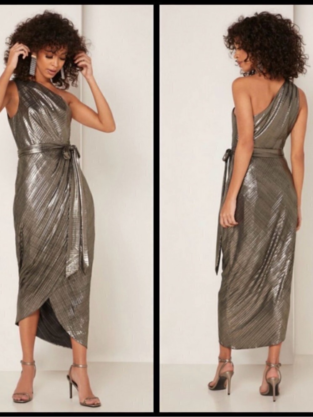NWT Ted Baker Gold Fabric One Shoulder Draped Midi Dress Women’s Size 2